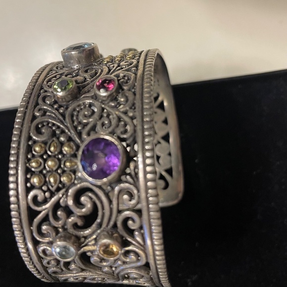 SAMUEL B. 925 SILVER AND 18K GOLD MULTICOLOR  GEMSTONES CUFF, NWOT VINTAGE - Picture 5 of 7